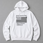 Keep America Safe American flag political satire white hoodie front flat lay showing complete print