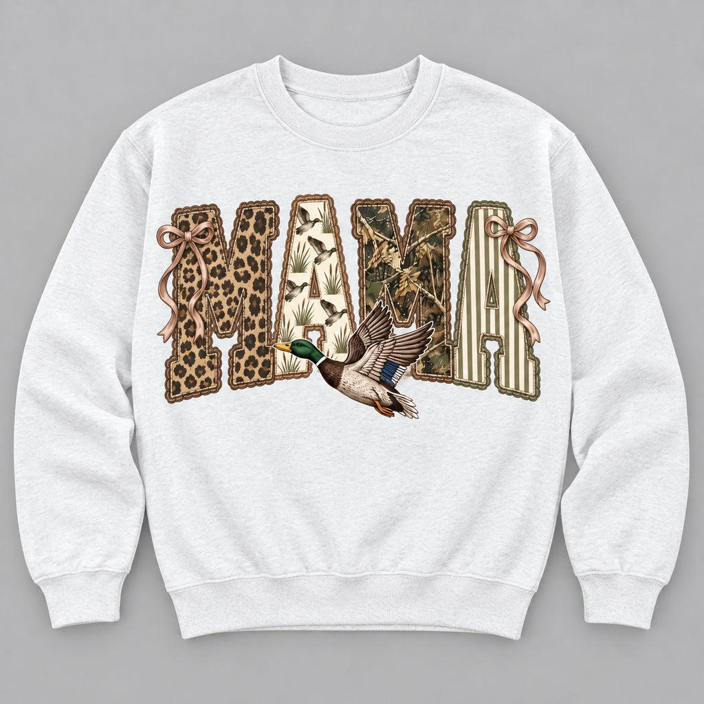 MAMA patchwork-style lettering, bows and flying mallard on white sweatshirt front, flat lay showing complete print