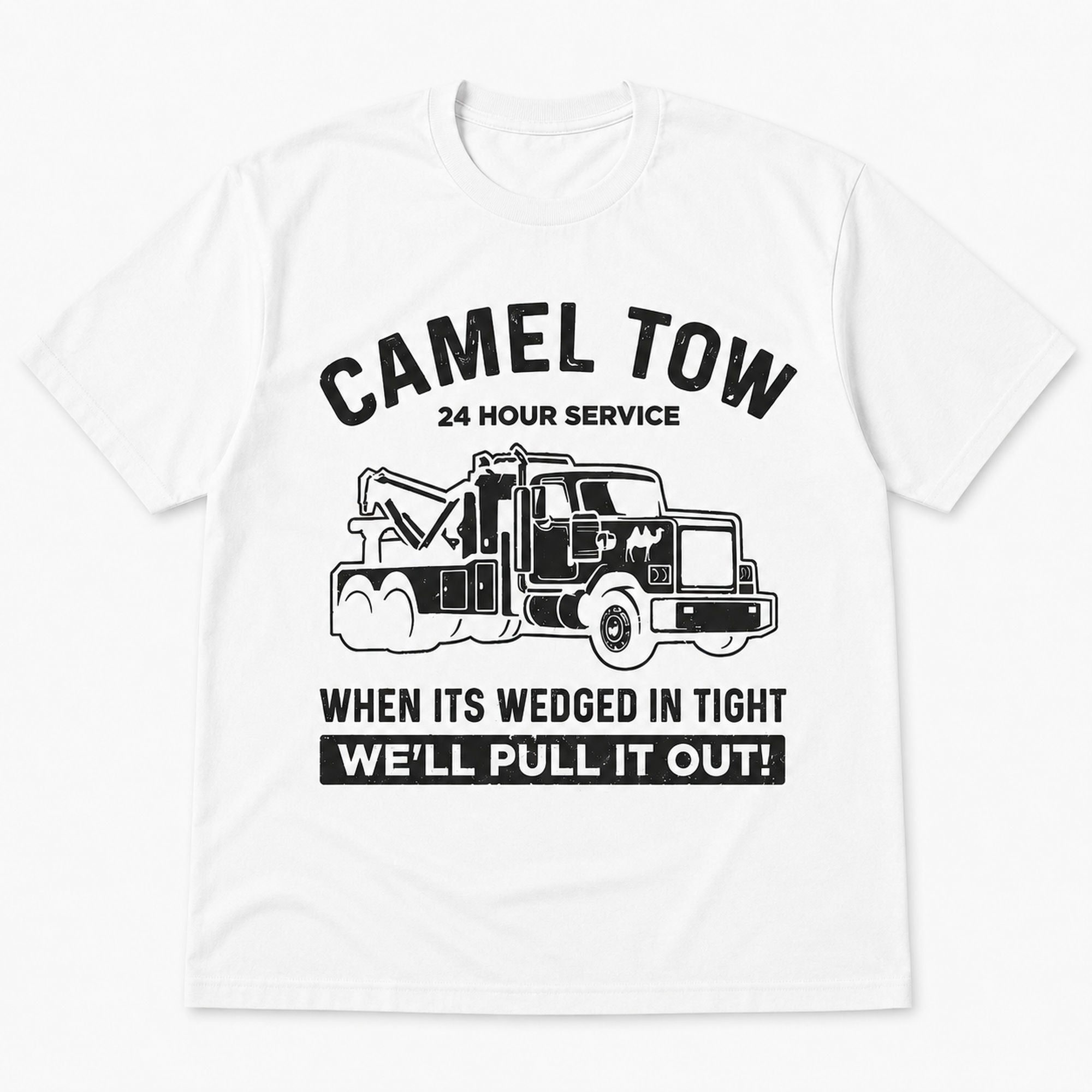 Camel Tow 24 Hour Service towing graphic tee white front print flat lay