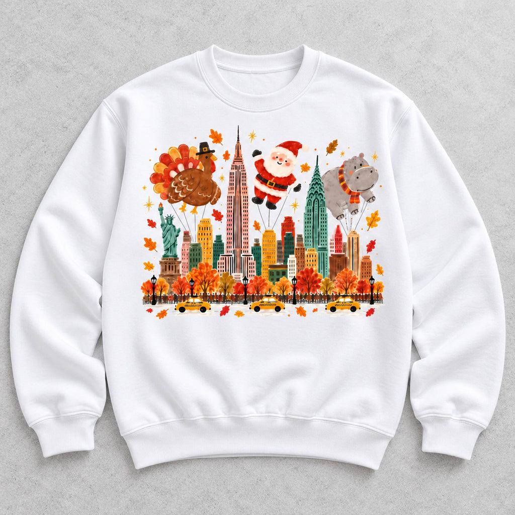 New York Holiday Parade Skyline Graphic Sweatshirt and Tee white front print flat lay