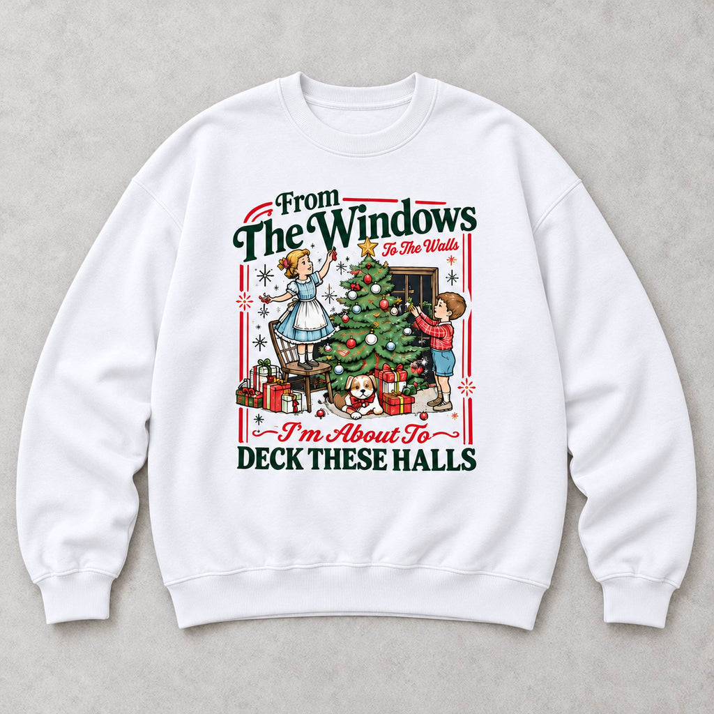 From the Windows Deck These Halls Christmas Graphic Sweatshirt and Tee white front print flat lay