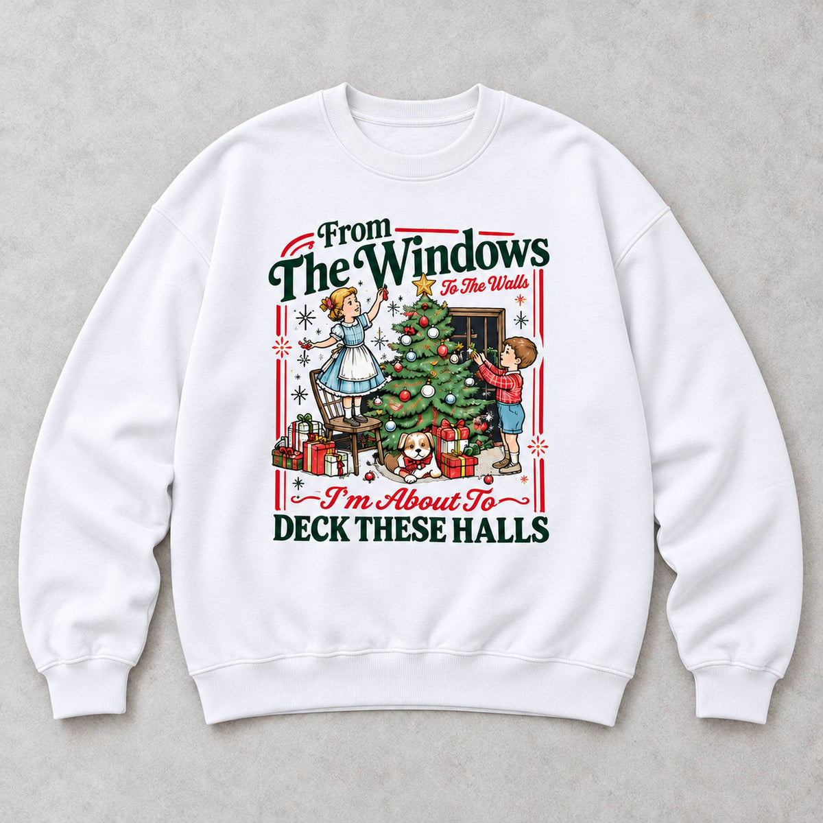 From the Windows Deck These Halls Christmas Graphic Sweatshirt and Tee white front print flat lay