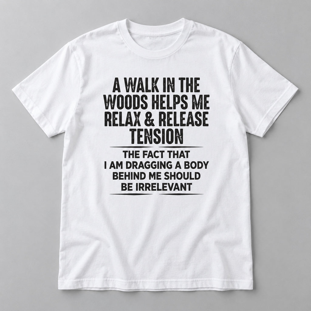 White graphic tee front flat lay with A Walk In The Woods design