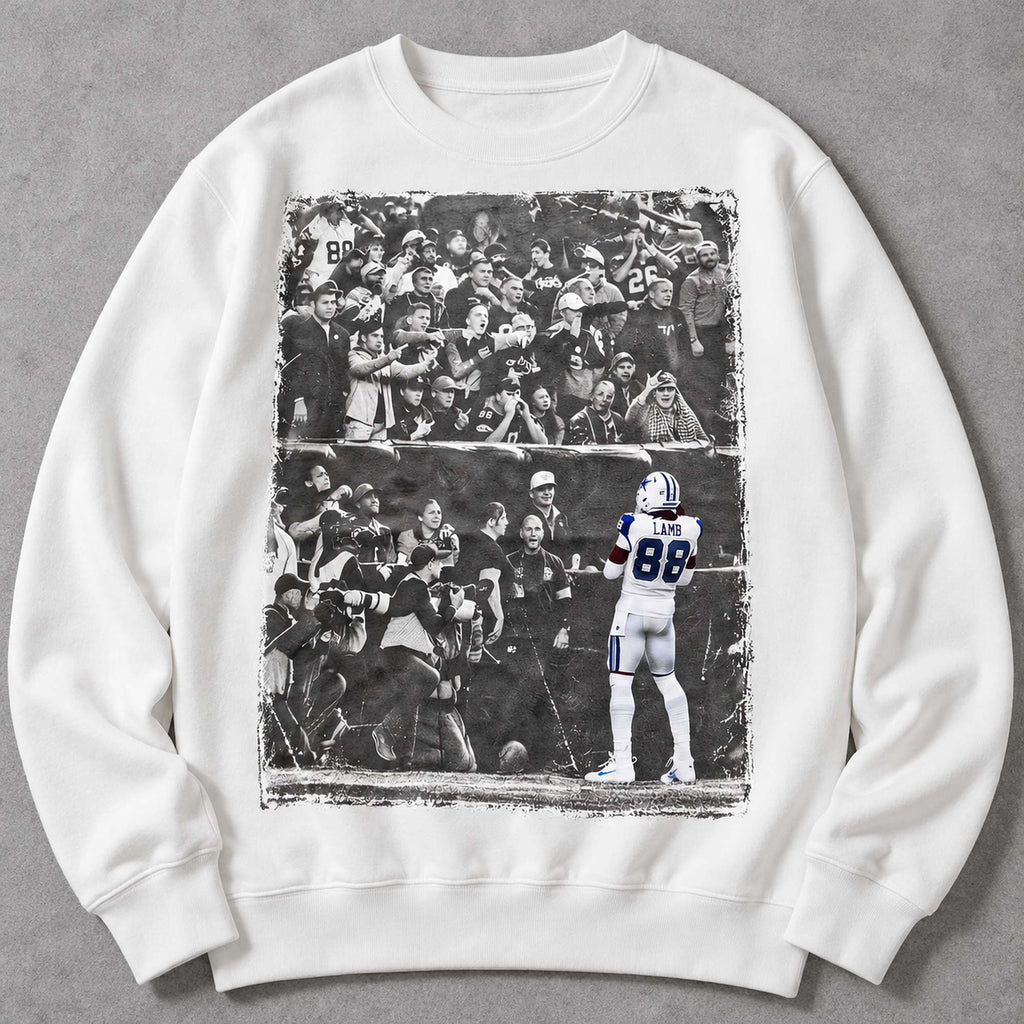 Lamb 88 Stadium Crowd Football Graphic Sweatshirt and Tee white front print flat lay