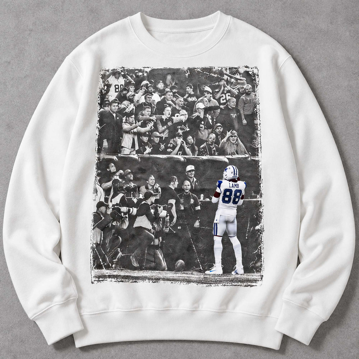 Lamb 88 Stadium Crowd Football Graphic Sweatshirt and Tee white front print flat lay
