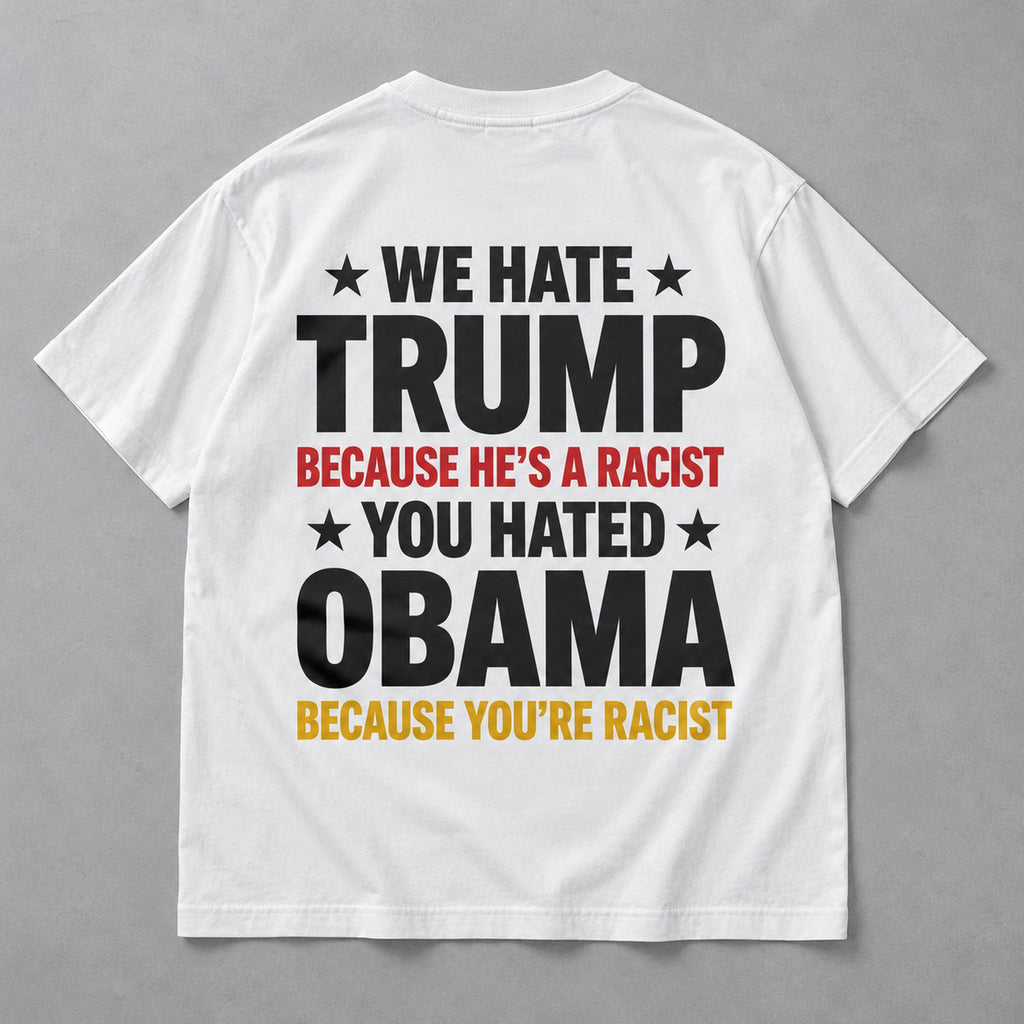 Trump and Obama Statement white T-shirt back flat lay with complete print