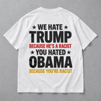 Trump and Obama Statement white T-shirt back flat lay with complete print