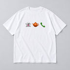 White tee front flat lay showing three chest icons: ghost, orange teapot and green phone