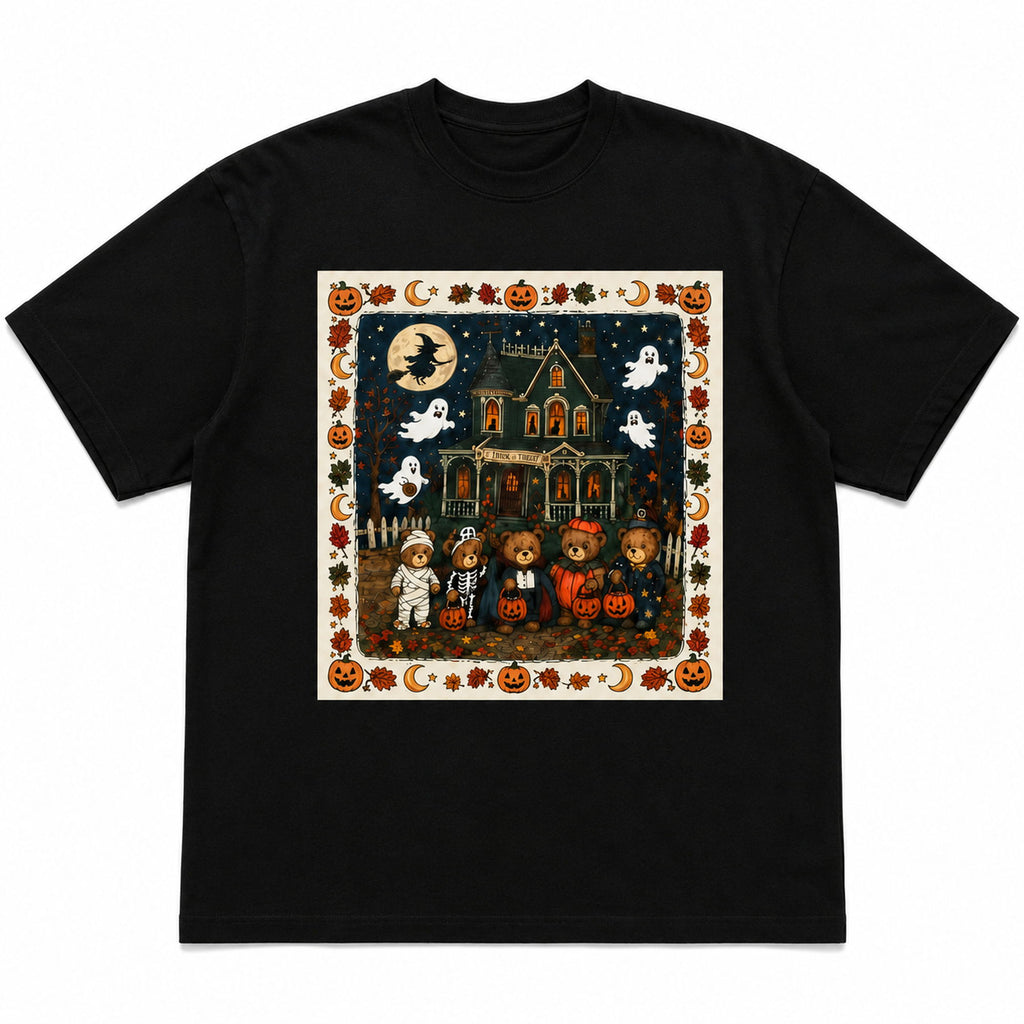 Vintage Halloween bears haunted house graphic tee black front print flat lay