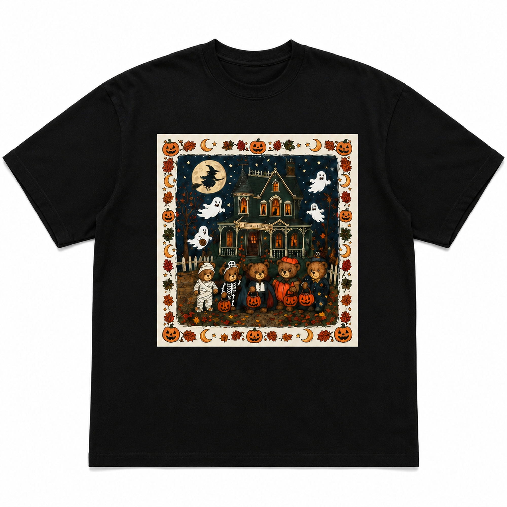 Vintage Halloween bears haunted house graphic tee black front print flat lay