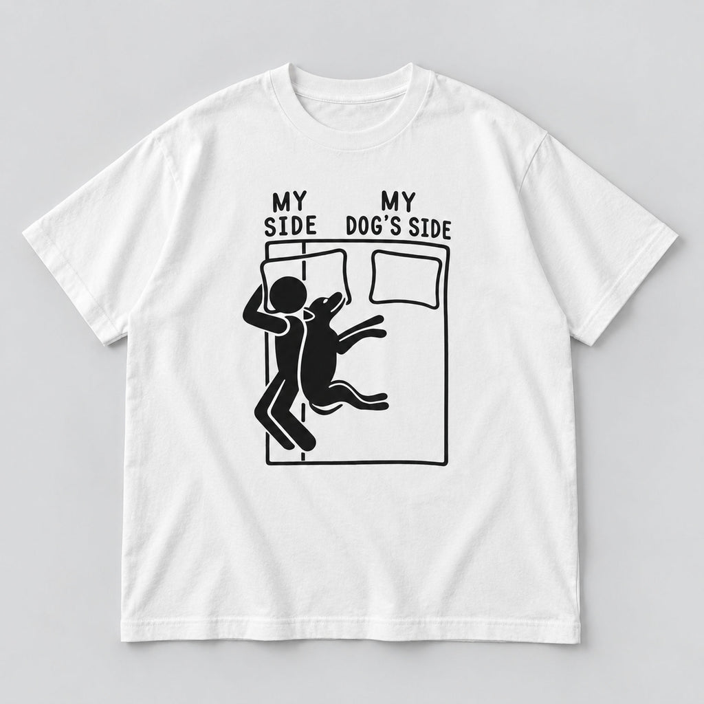 White graphic tee front flat lay with My Side My Dog's Side design