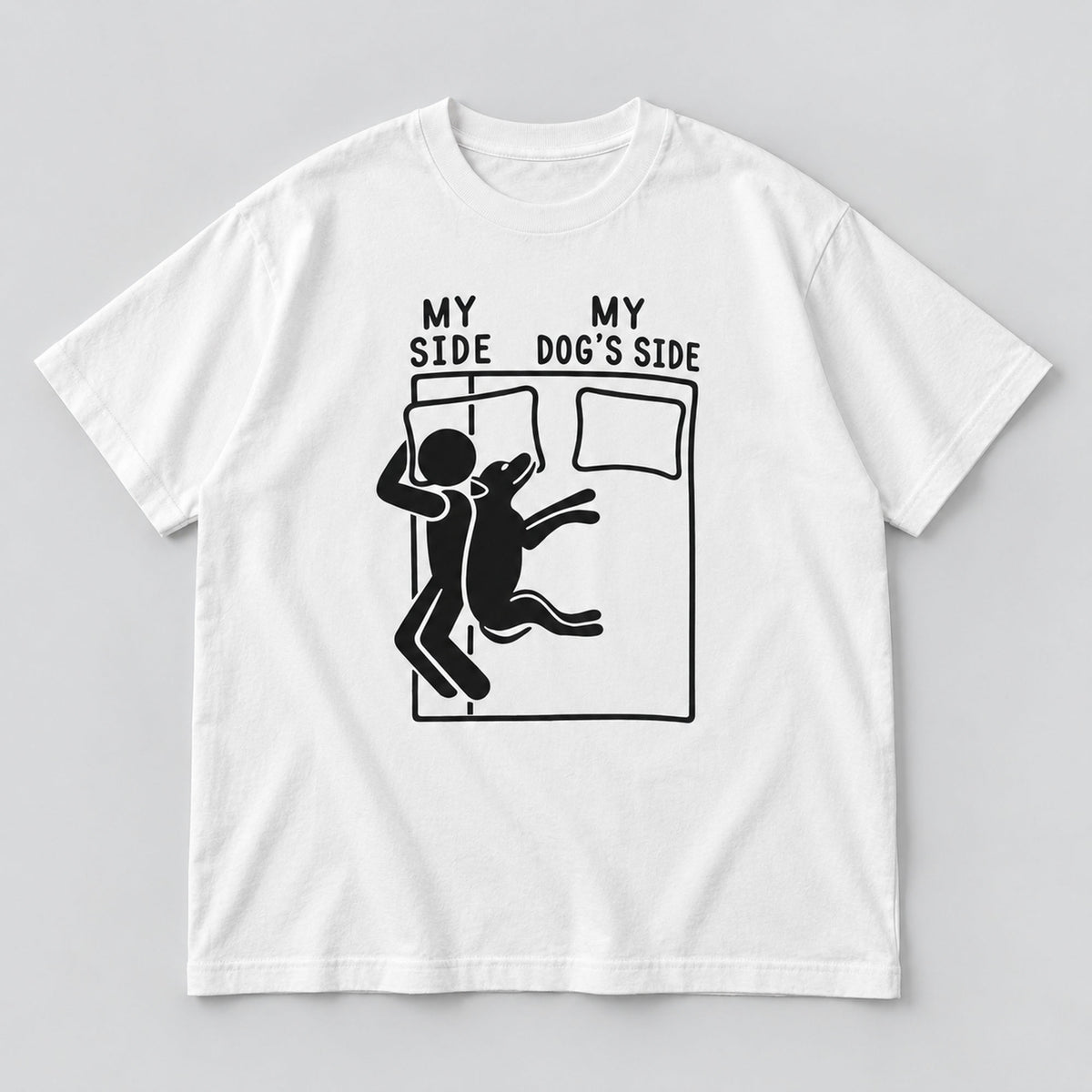 White graphic tee front flat lay with My Side My Dog's Side design