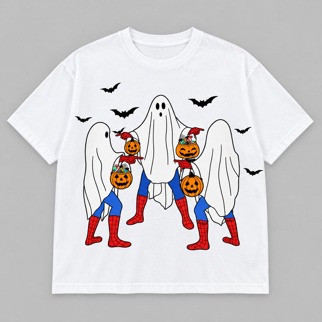White graphic T-shirt flat lay showing three ghosts, pumpkins and bats
