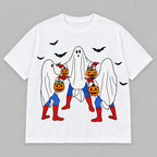 White graphic T-shirt flat lay showing three ghosts, pumpkins and bats