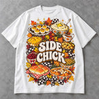 Side Chick Thanksgiving food collage and autumn checkerboard graphic on white T-shirt front, flat lay showing complete print