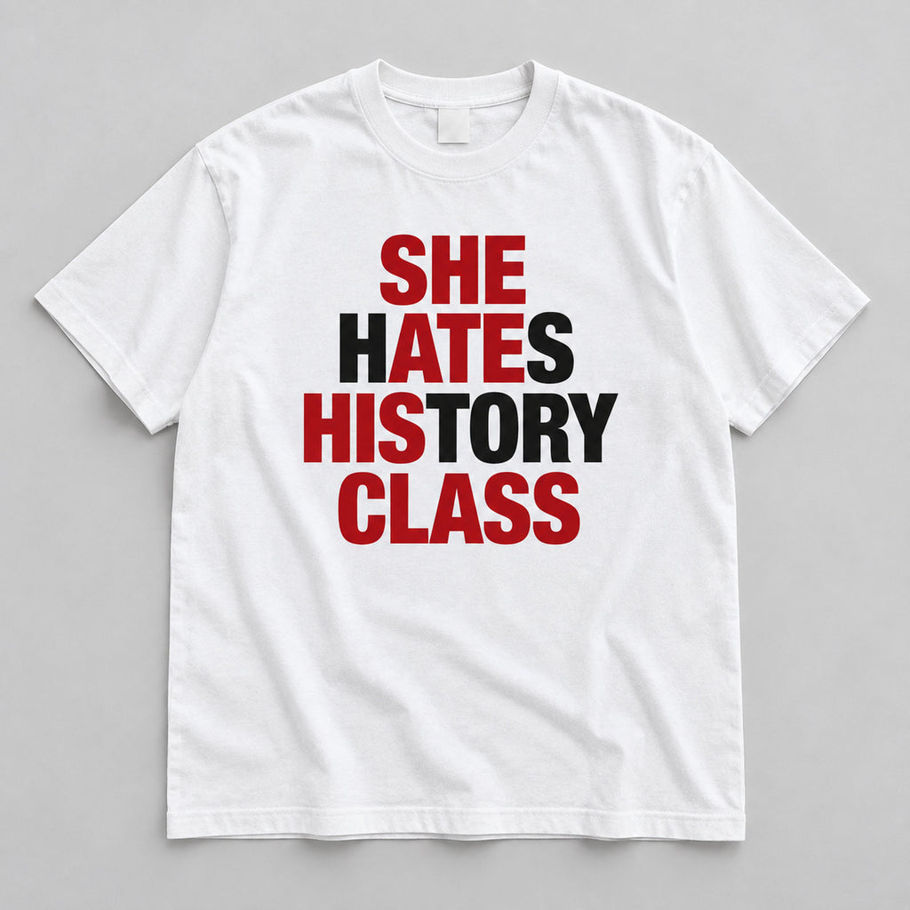 She Hates History Class white graphic T-shirt flat lay showing the color-block front slogan