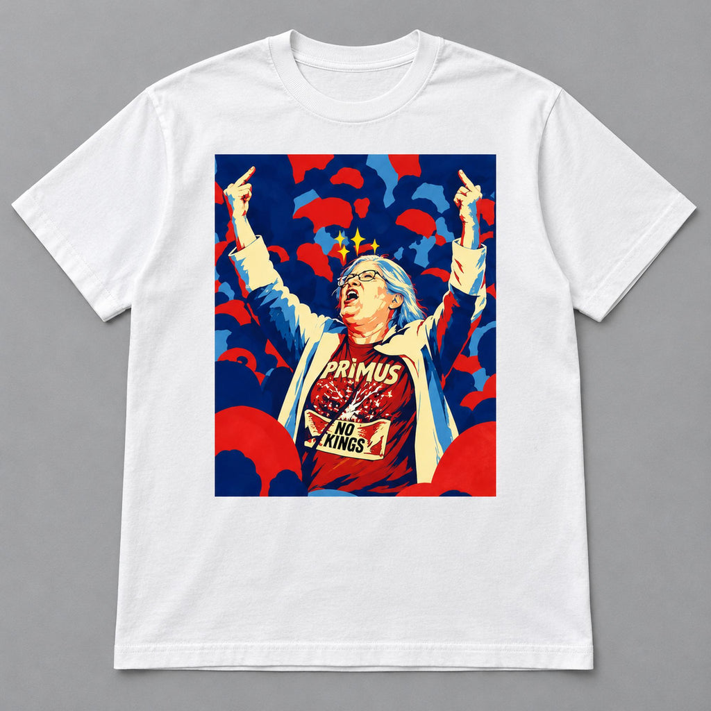 No Kings rebel portrait white T-shirt front flat lay with full artwork