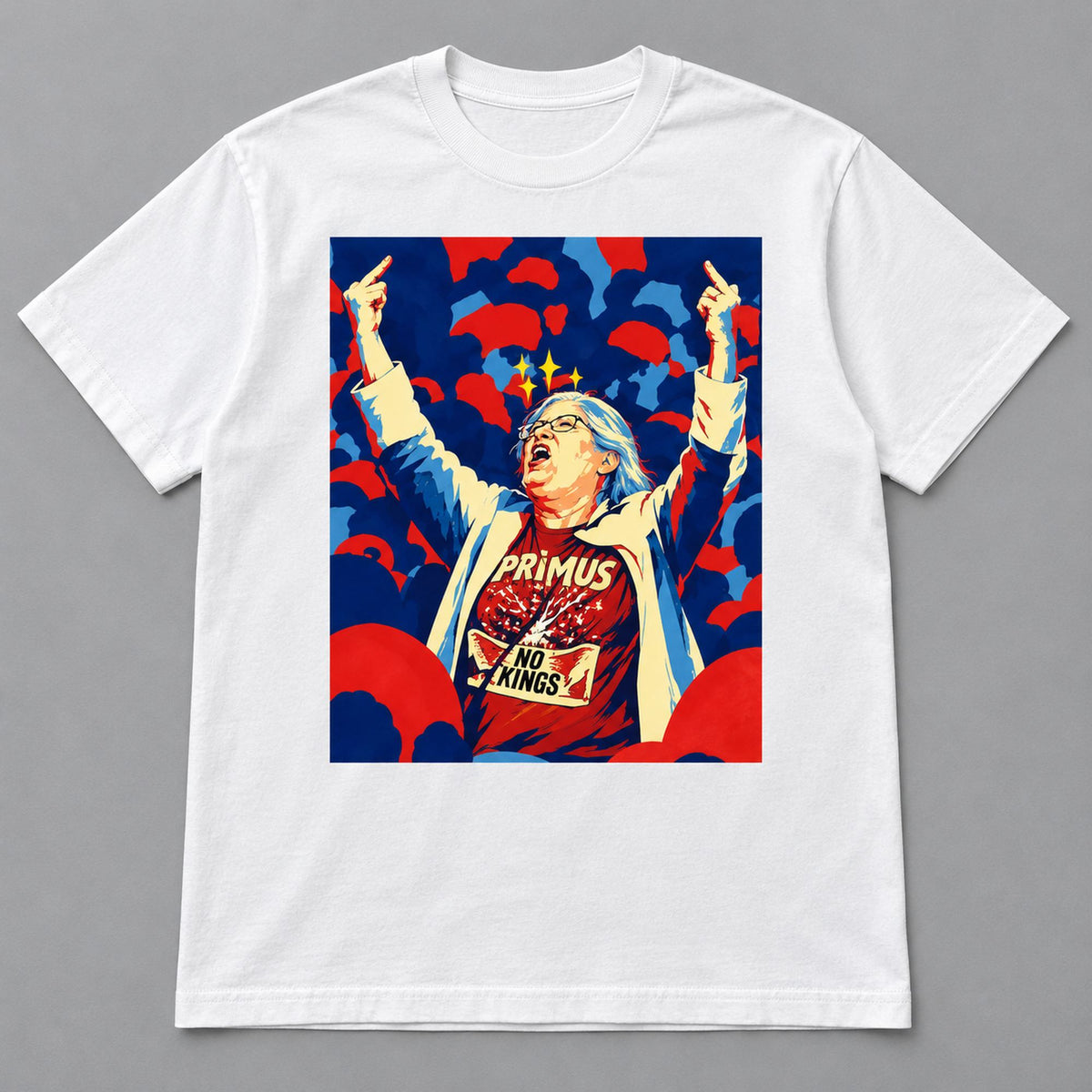 No Kings rebel portrait white T-shirt front flat lay with full artwork