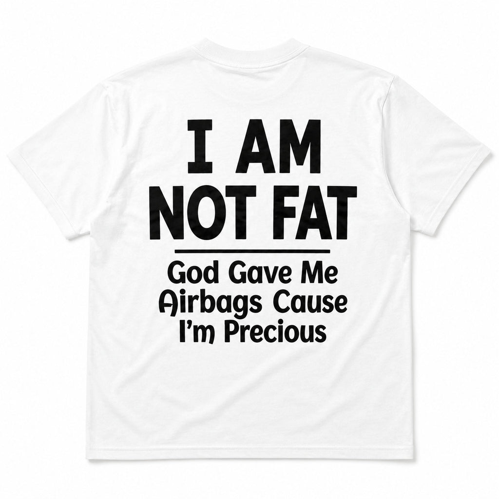I Am Not Fat I'm Precious funny gym graphic tee white back print flat lay