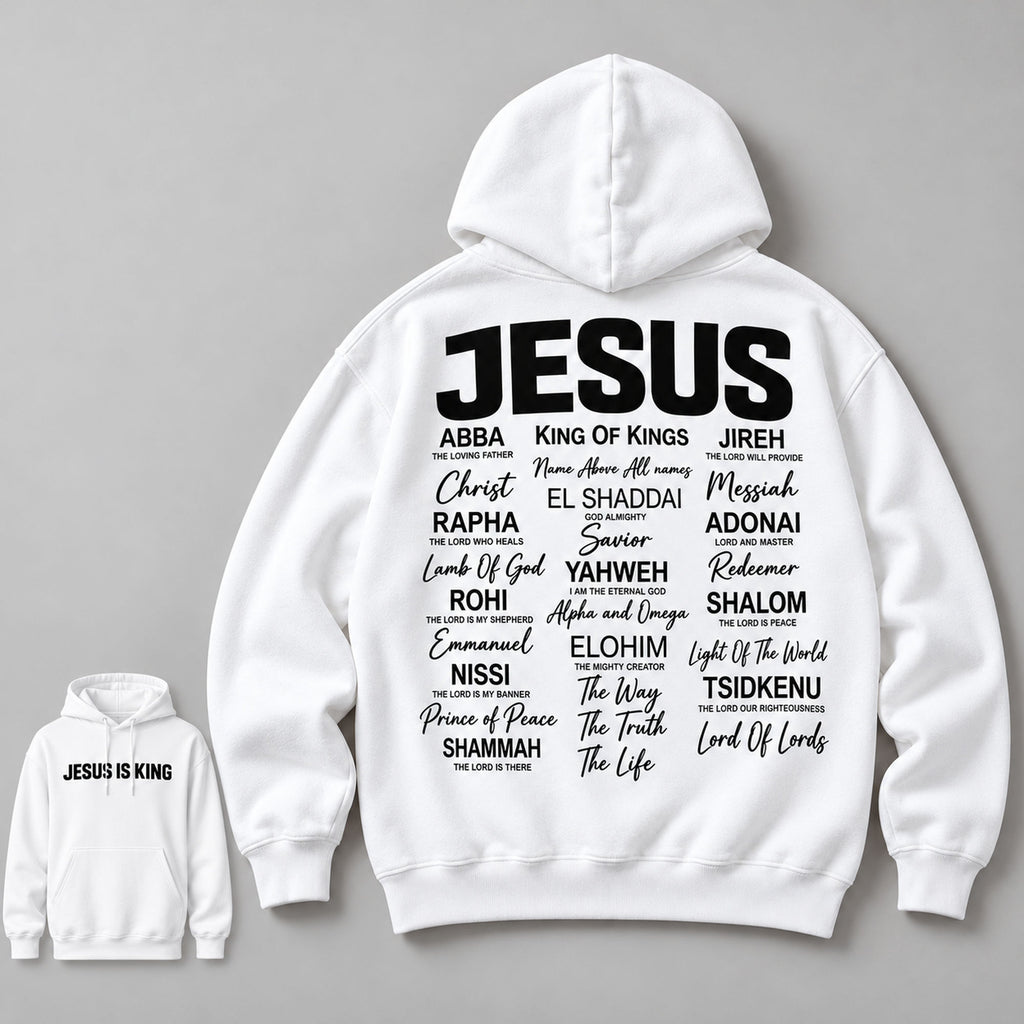 Jesus Is King names of Jesus white hoodie back flat lay with front-print inset