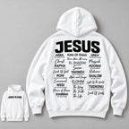 Jesus Is King names of Jesus white hoodie back flat lay with front-print inset