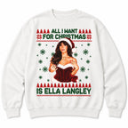 All I Want for Christmas Is Ella Langley white sweatshirt flat lay with green text, red trees and the holiday portrait print