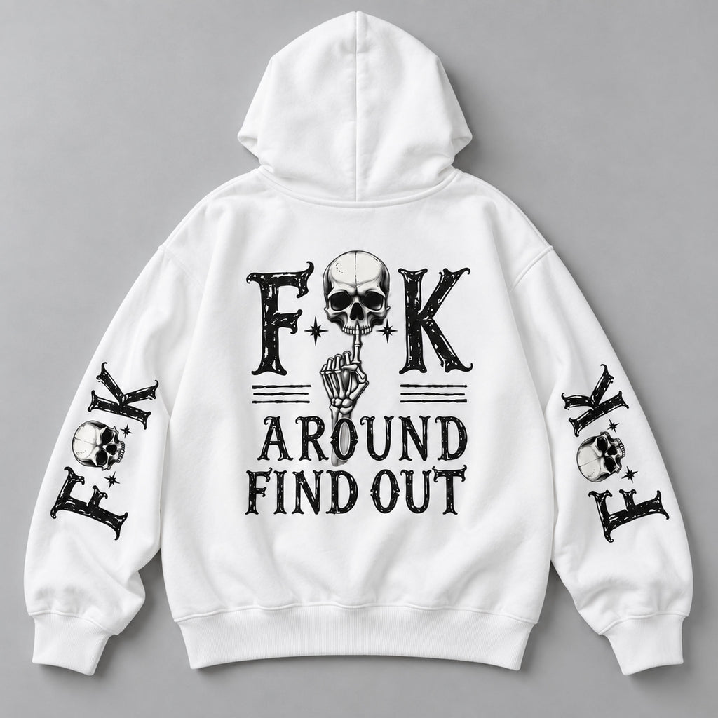 White hoodie back flat lay with FAFO Skull back and sleeve design