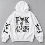 White hoodie back flat lay with FAFO Skull back and sleeve design
