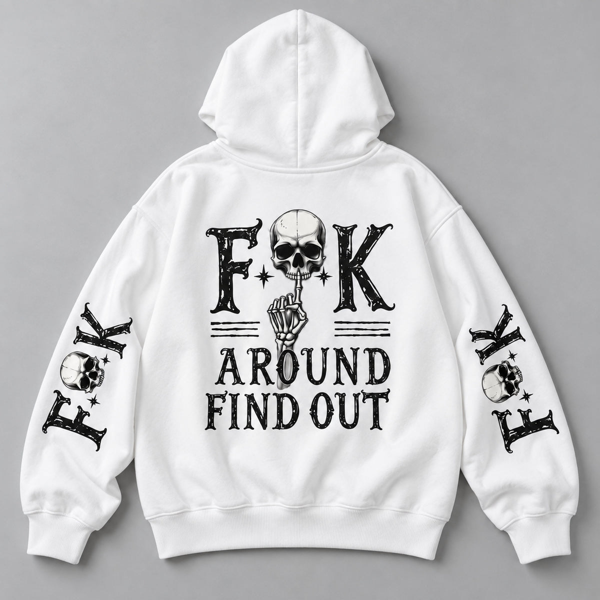 White hoodie back flat lay with FAFO Skull back and sleeve design