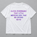 Olivia Rodriguez 10/10 purple text white T-shirt front flat lay with complete print