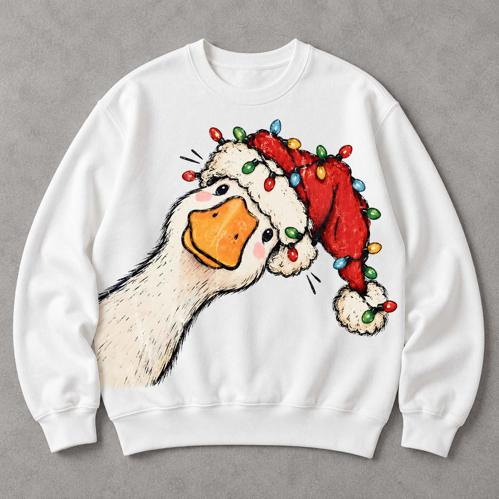 Christmas goose Santa hat and colorful lights white crewneck sweatshirt front flat lay