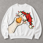 Christmas goose Santa hat and colorful lights white crewneck sweatshirt front flat lay