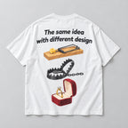 The same idea with different design mousetrap steel trap and ring box graphic on white T-shirt back, flat lay showing complete print