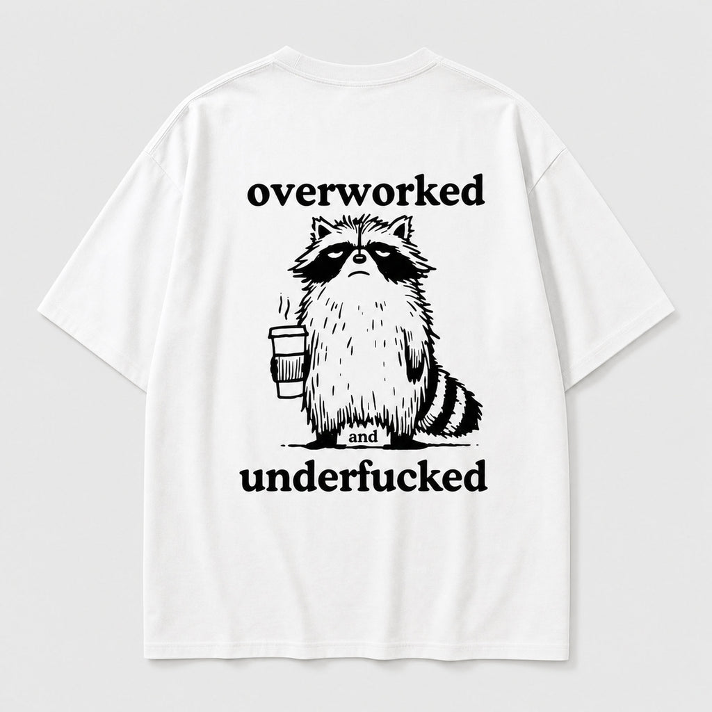 Overworked and Underfucked raccoon coffee graphic tee white back flat lay