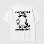 Overworked and Underfucked raccoon coffee graphic tee white back flat lay