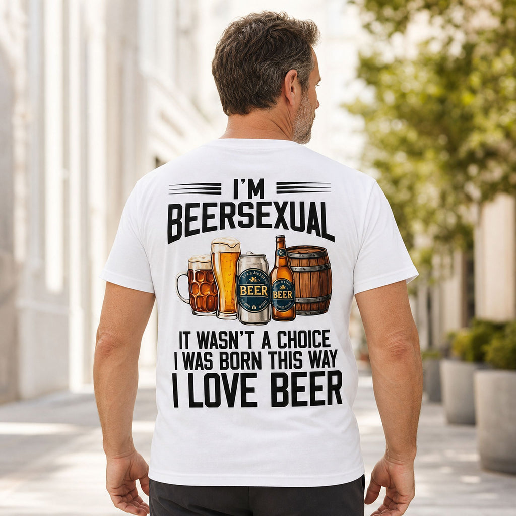 I'm Beersexual funny beer lover tee white oversized back print rear male model on urban walkway