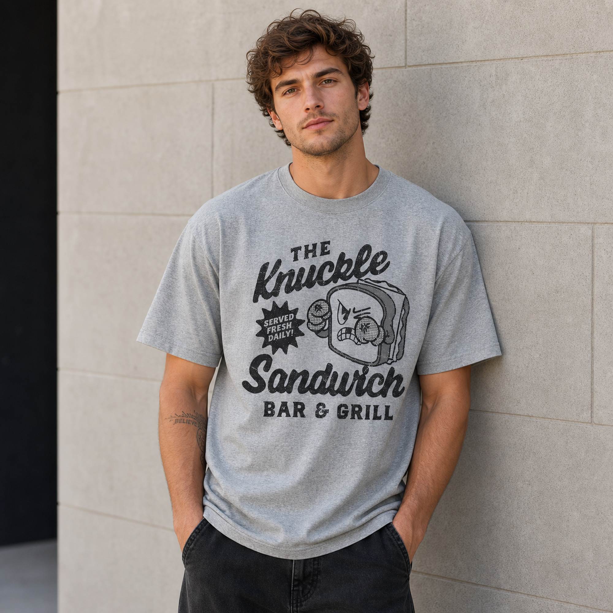 The Knuckle Sandwich Bar & Grill Funny Graphic Tee front print product photo 05 | Diya Glow