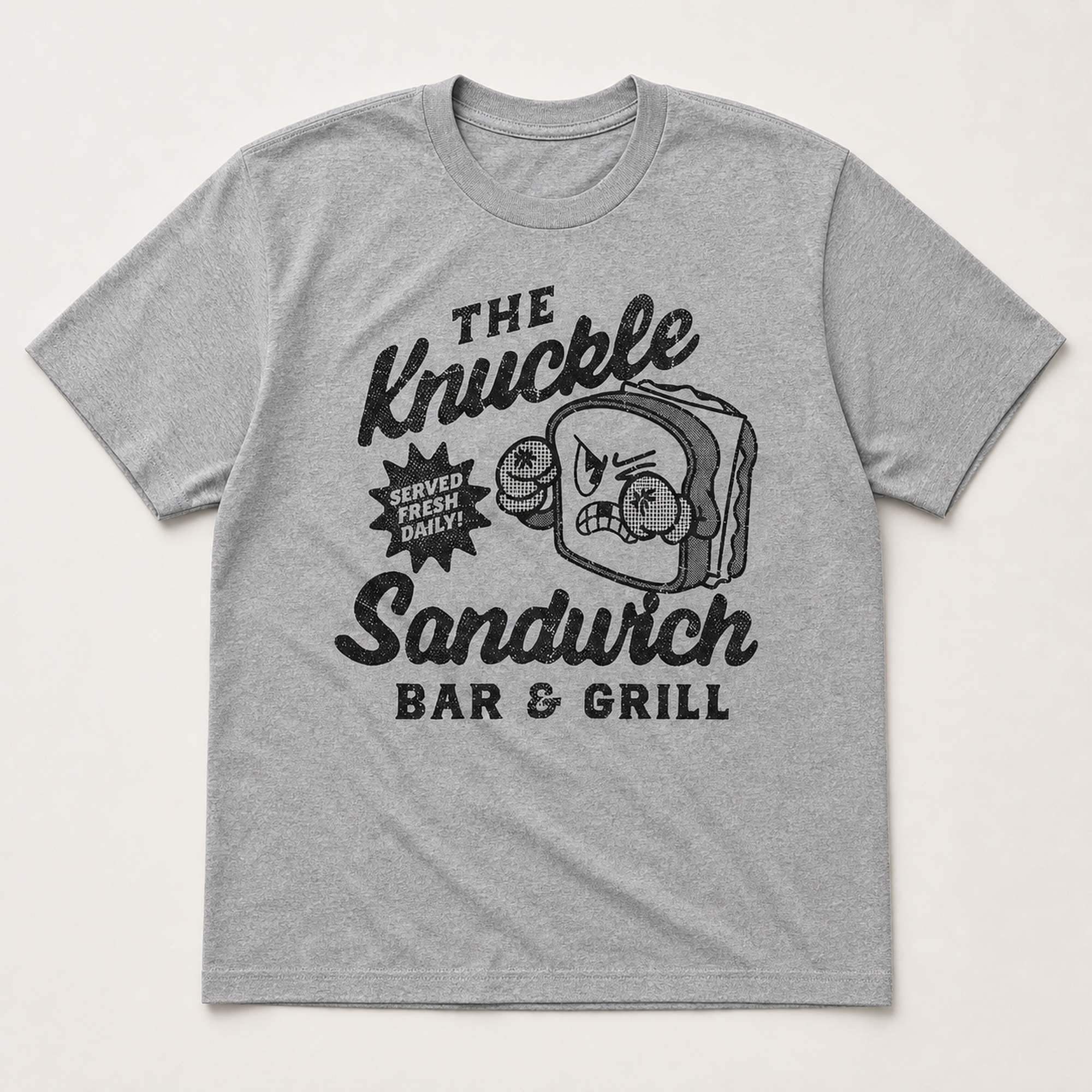 The Knuckle Sandwich Bar & Grill Funny Graphic Tee front print product photo 06 | Diya Glow