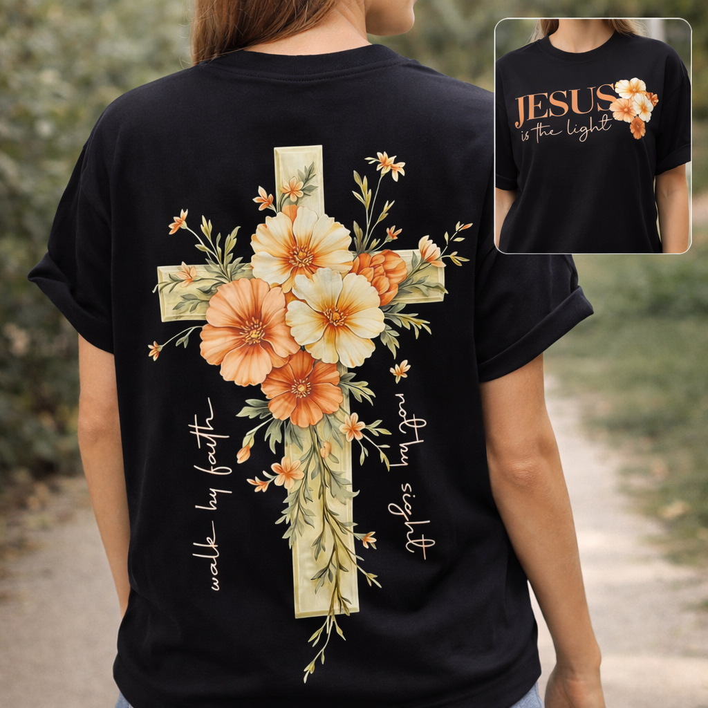 Jesus Is The Light Floral Cross Faith Graphic Tee | 01