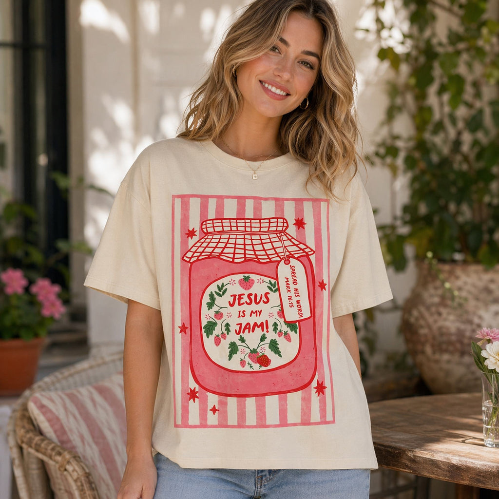Jesus Is My Jam Faith Graphic Tee front print product photo 01 | Diya Glow
