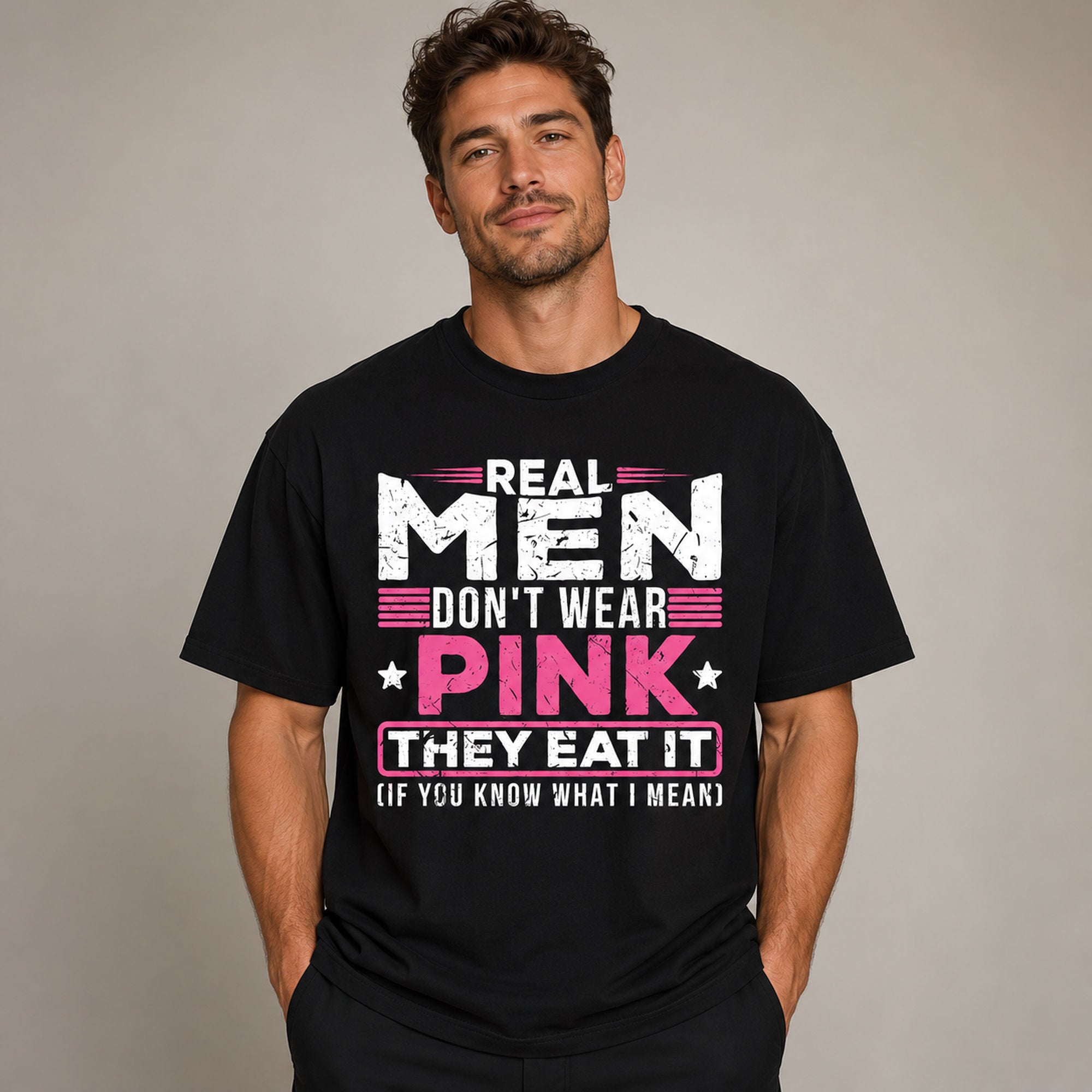 Real Men Don't Wear Pink funny graphic tee black front model