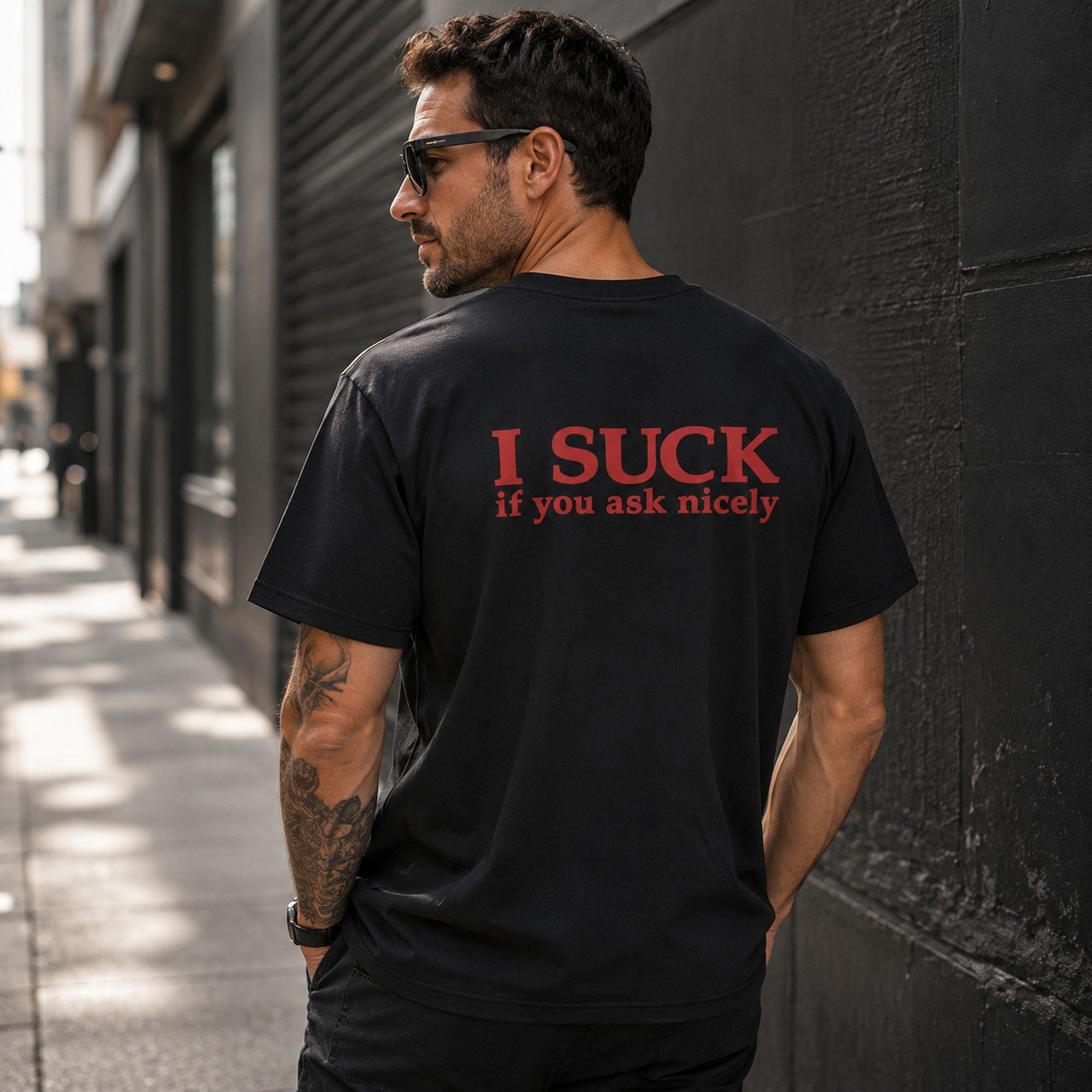 I Suck If You Ask Nicely funny graphic tee black back print male street model