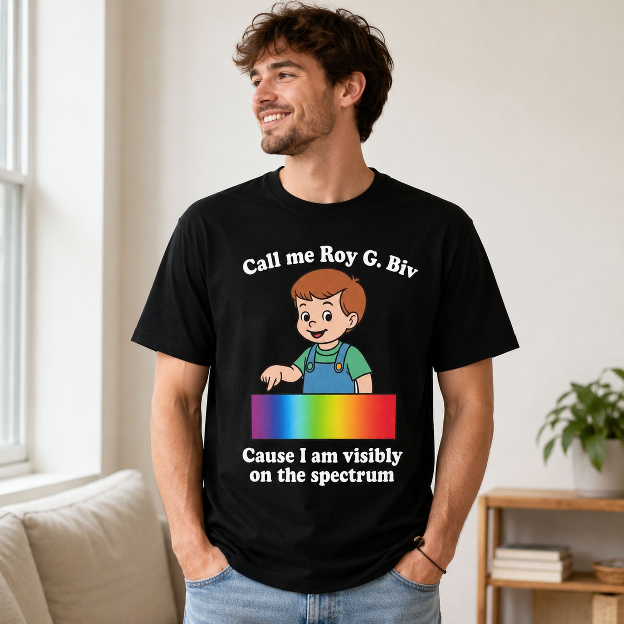 Call Me Roy G. Biv spectrum funny graphic tee black front print male model