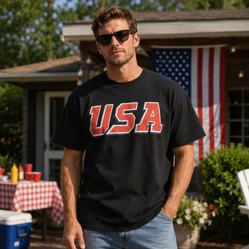 USA patriotic Fourth of July graphic tee black front model