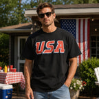 USA patriotic Fourth of July graphic tee black front model