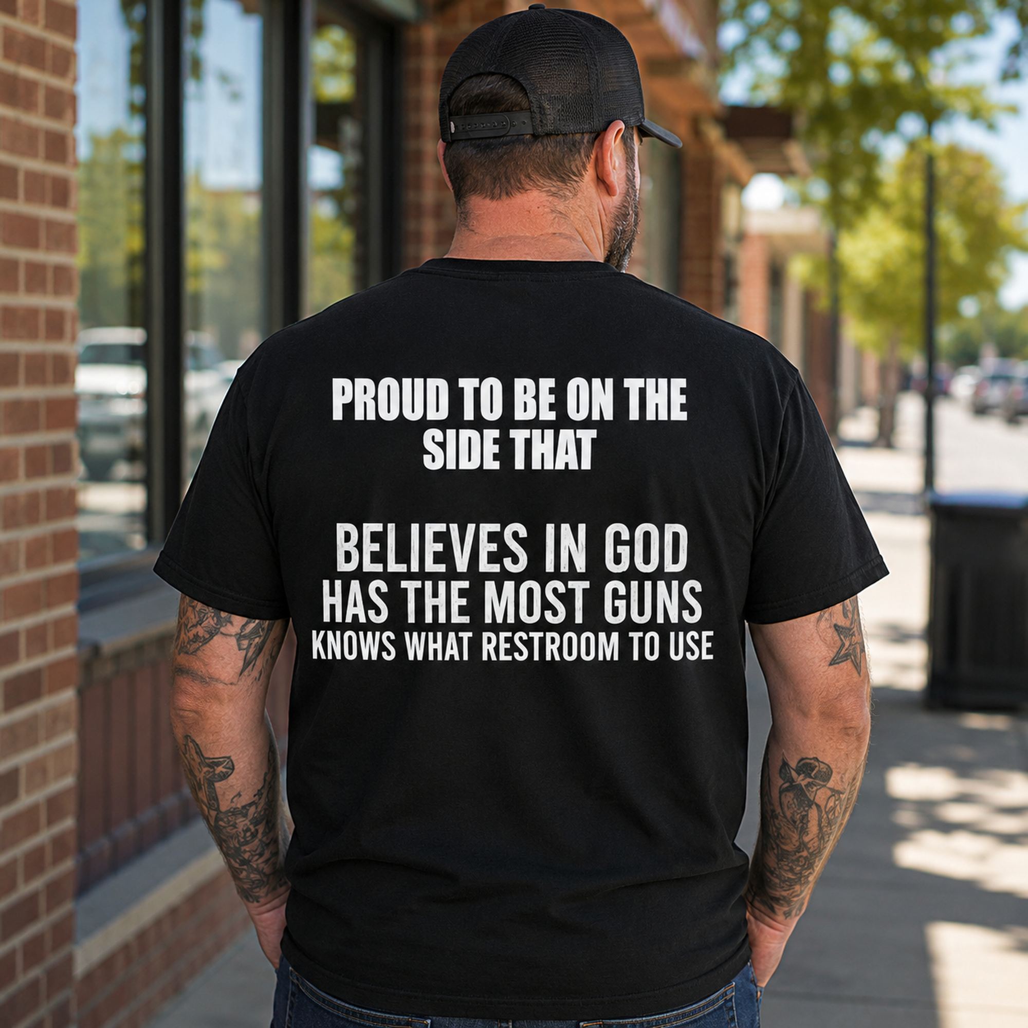 Proud To Be On The Side That Believes In God funny graphic tee black back print model