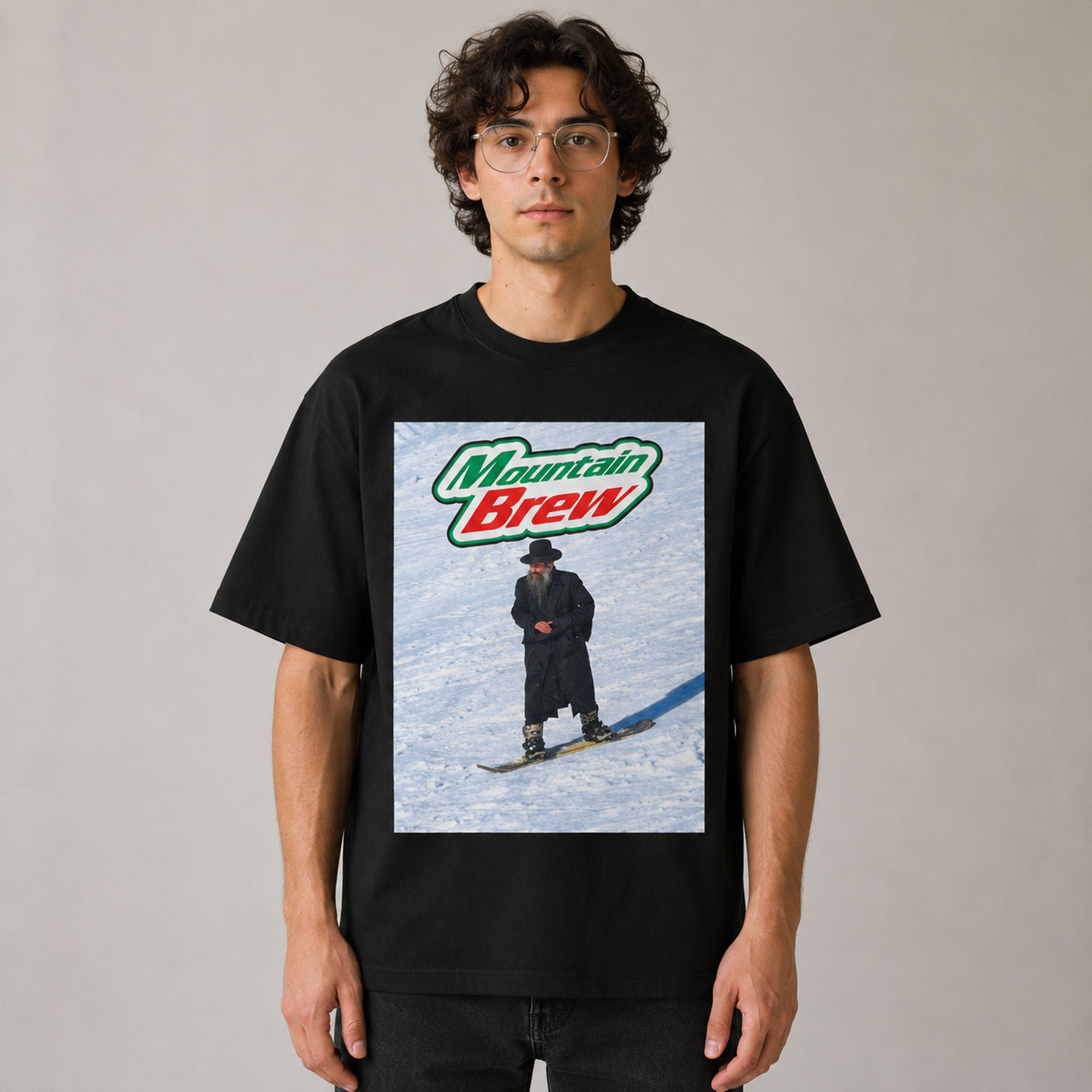 Mountain Brew funny ski meme graphic tee black front model