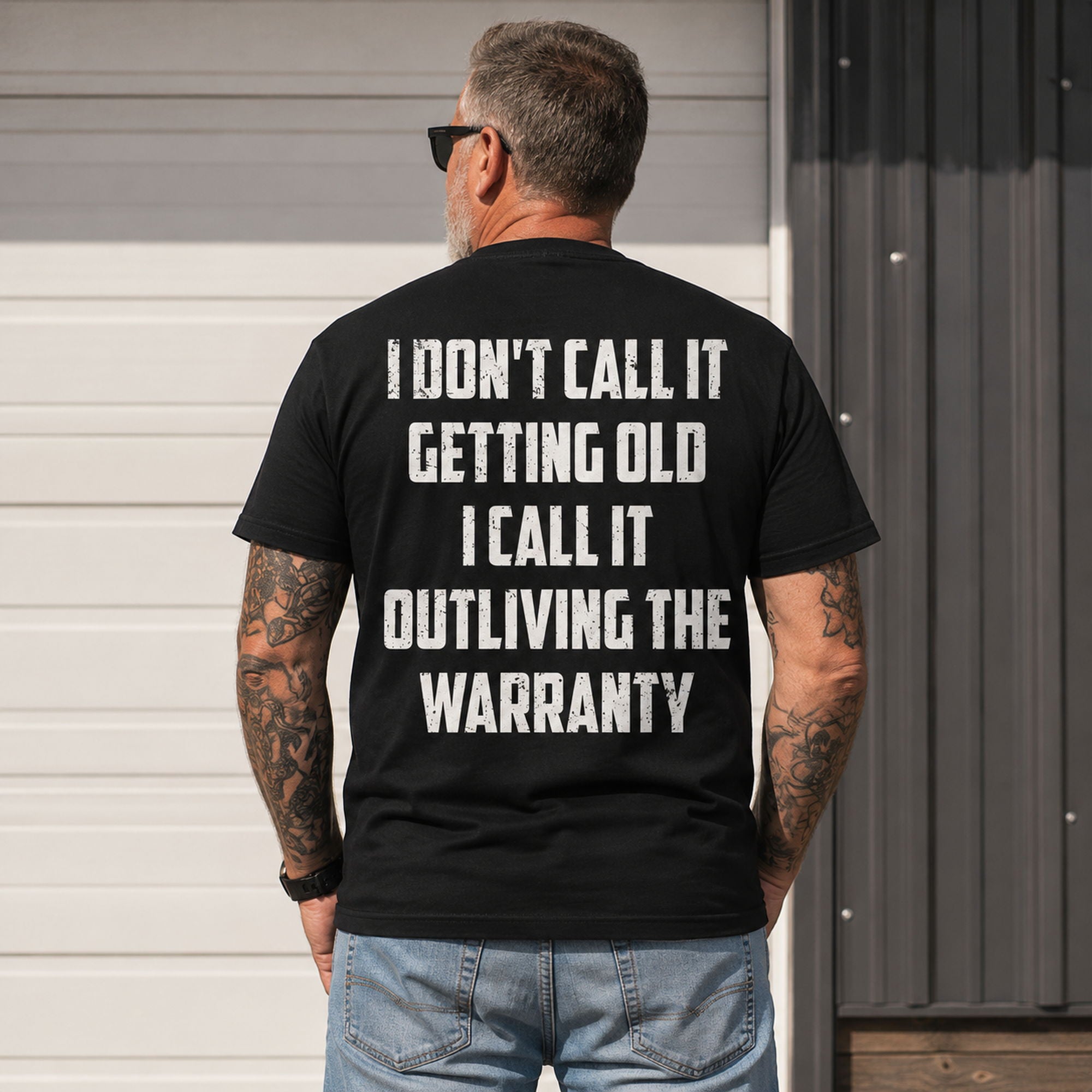 Outliving The Warranty funny aging graphic tee black back print model
