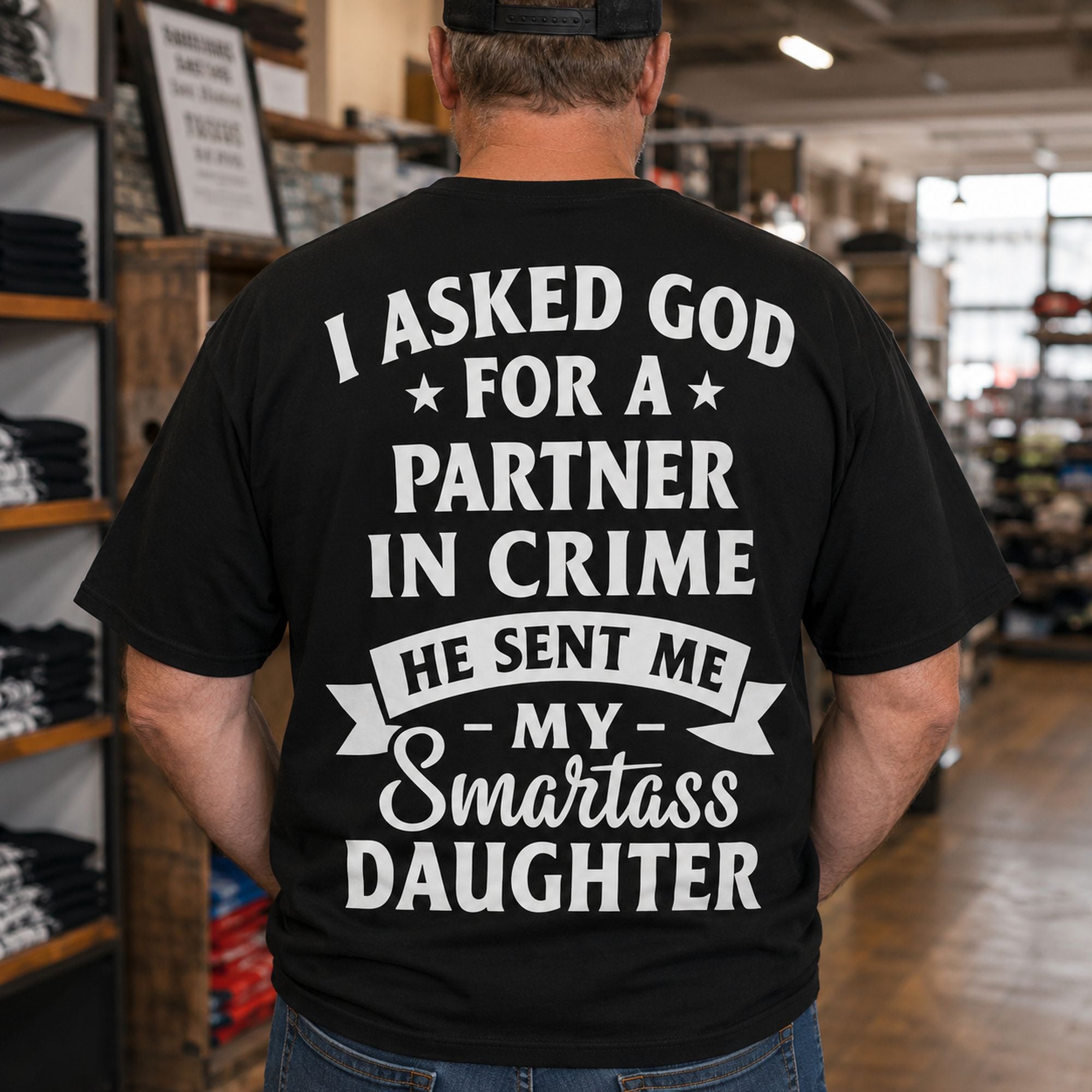Partner In Crime Smartass Daughter funny back print graphic tee black back model