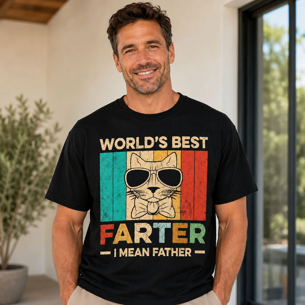 World's Best Farter I Mean Father funny cat dad graphic tee black front male model